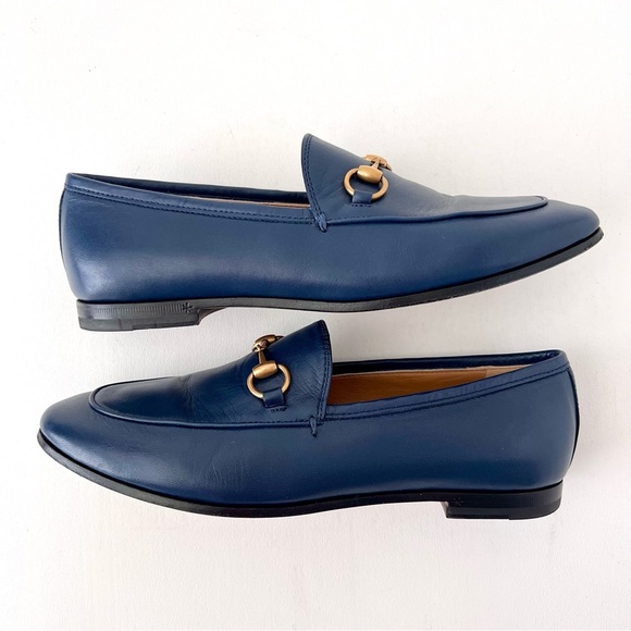 GUCCI | Navy Blue Leather Jordaan Horsebit Loafers Flats Classic Bit EU 36 - Picture 9 of 11